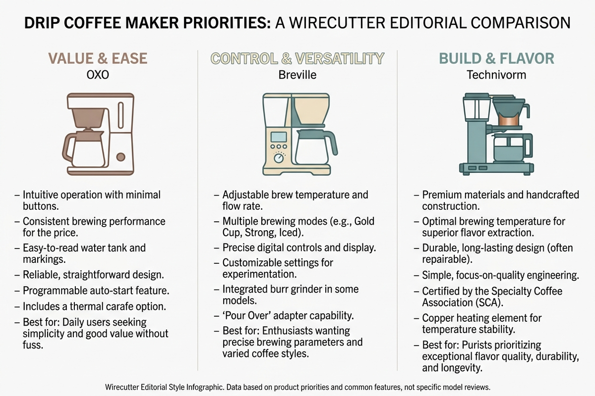 Infographic comparing three drip coffee maker priorities — value and ease, control and versatility, and build quality and flavor — mapped to OXO, Breville, and Technivorm