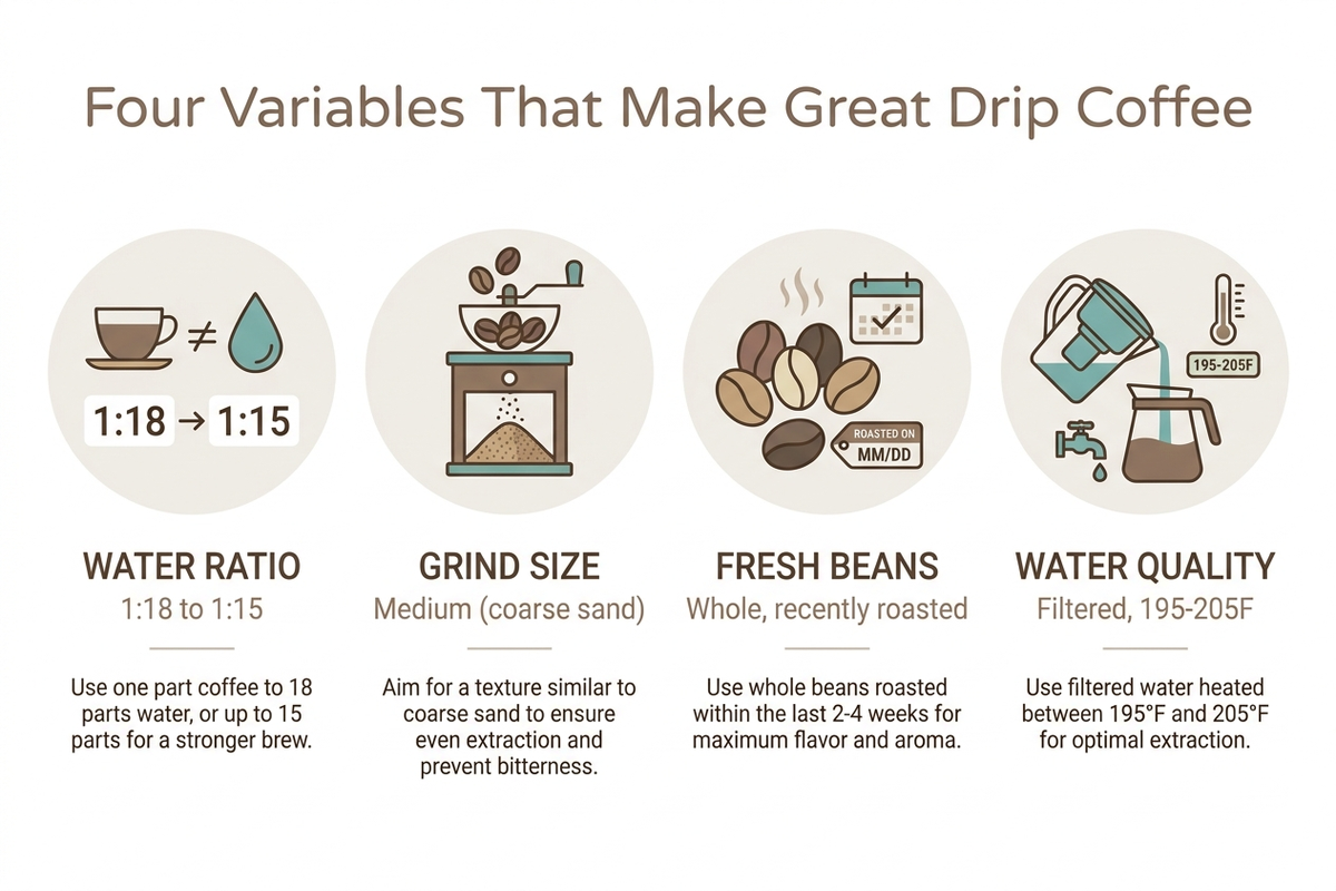 How-to diagram showing the key drip coffee variables — water ratio, grind size, fresh beans, and water quality — with target ranges
