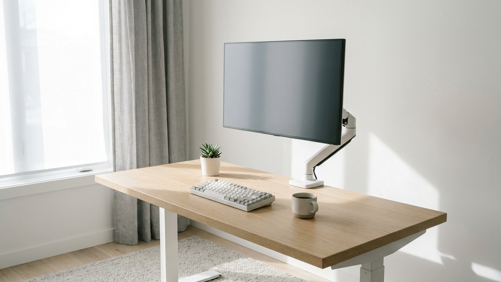A widescreen computer monitor on an ergonomic stand in a clean, minimal home office setup with soft natural light