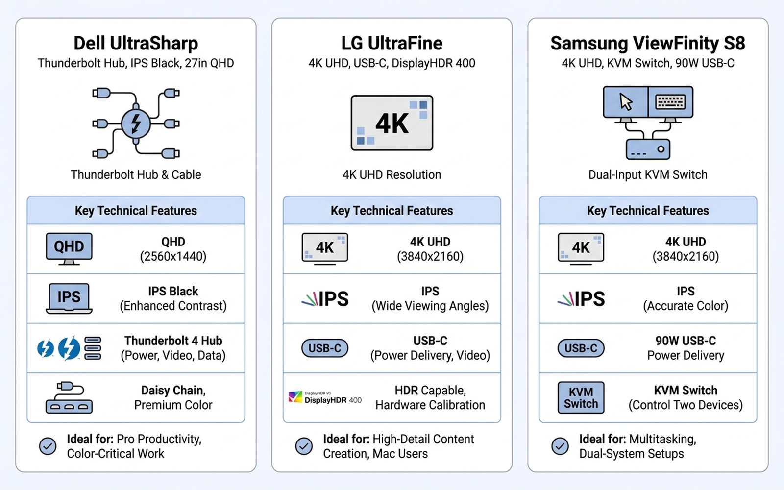 Infographic comparing three monitor technical approaches — Dell UltraSharp Thunderbolt hub, LG UltraFine 4K value, and Samsung ViewFinity S8 KVM switch — with their key specs