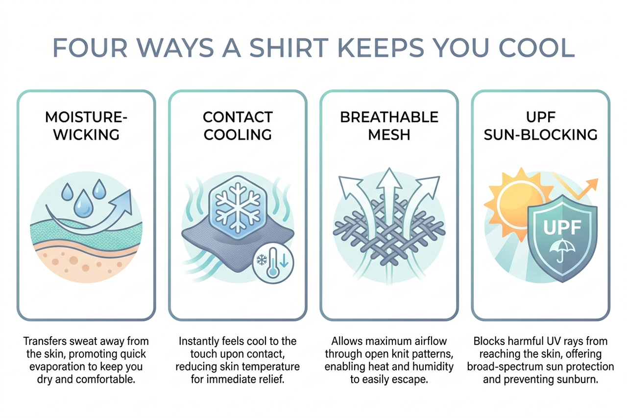 Infographic comparing four cooling-shirt technologies: moisture-wicking capillary fabric, contact-cooling flat yarn, breathable mesh airflow, and UPF sun-blocking weave