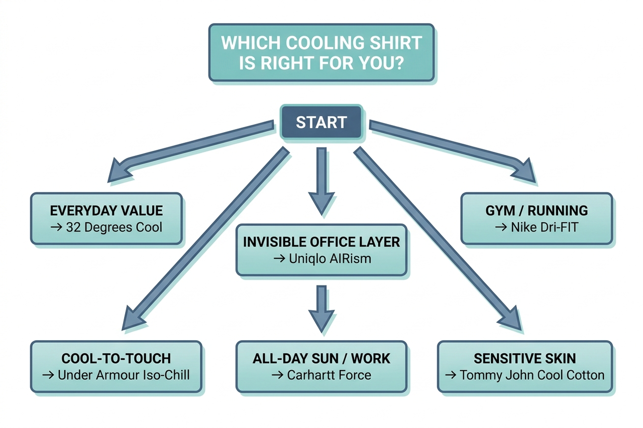 Decision-tree flowchart for choosing a cooling shirt by use case: everyday, office layer, gym, outdoor work, sensitive skin, and budget paths