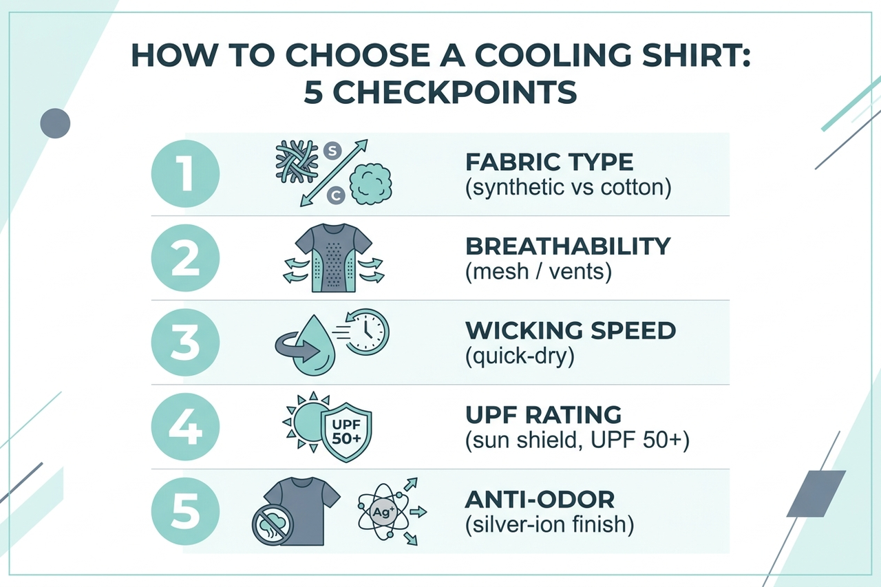 Infographic showing five checkpoints for choosing a cooling shirt: fabric type, breathability, wicking speed, UPF rating, and anti-odor treatment
