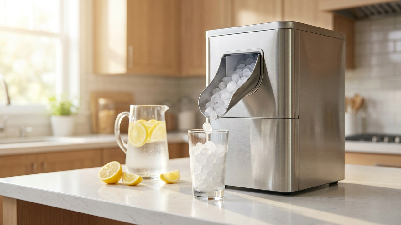 A stainless-steel countertop nugget ice maker on a bright kitchen counter dispensing ice into a glass of lemon water