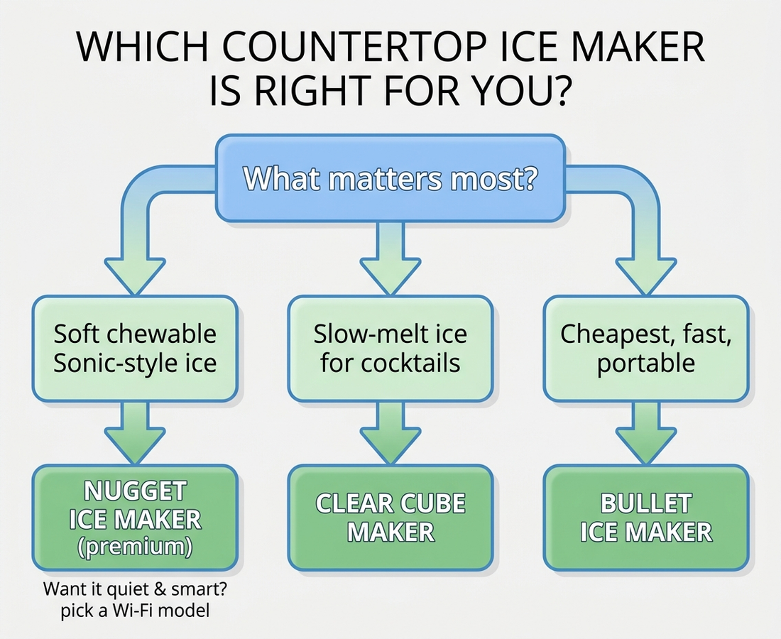 Decision flowchart for choosing a countertop ice maker by ice type and priority