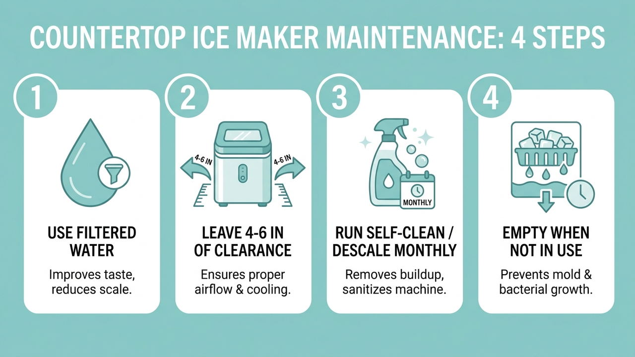 Four-step maintenance guide: use filtered water, leave clearance, run self-clean monthly, empty when not in use