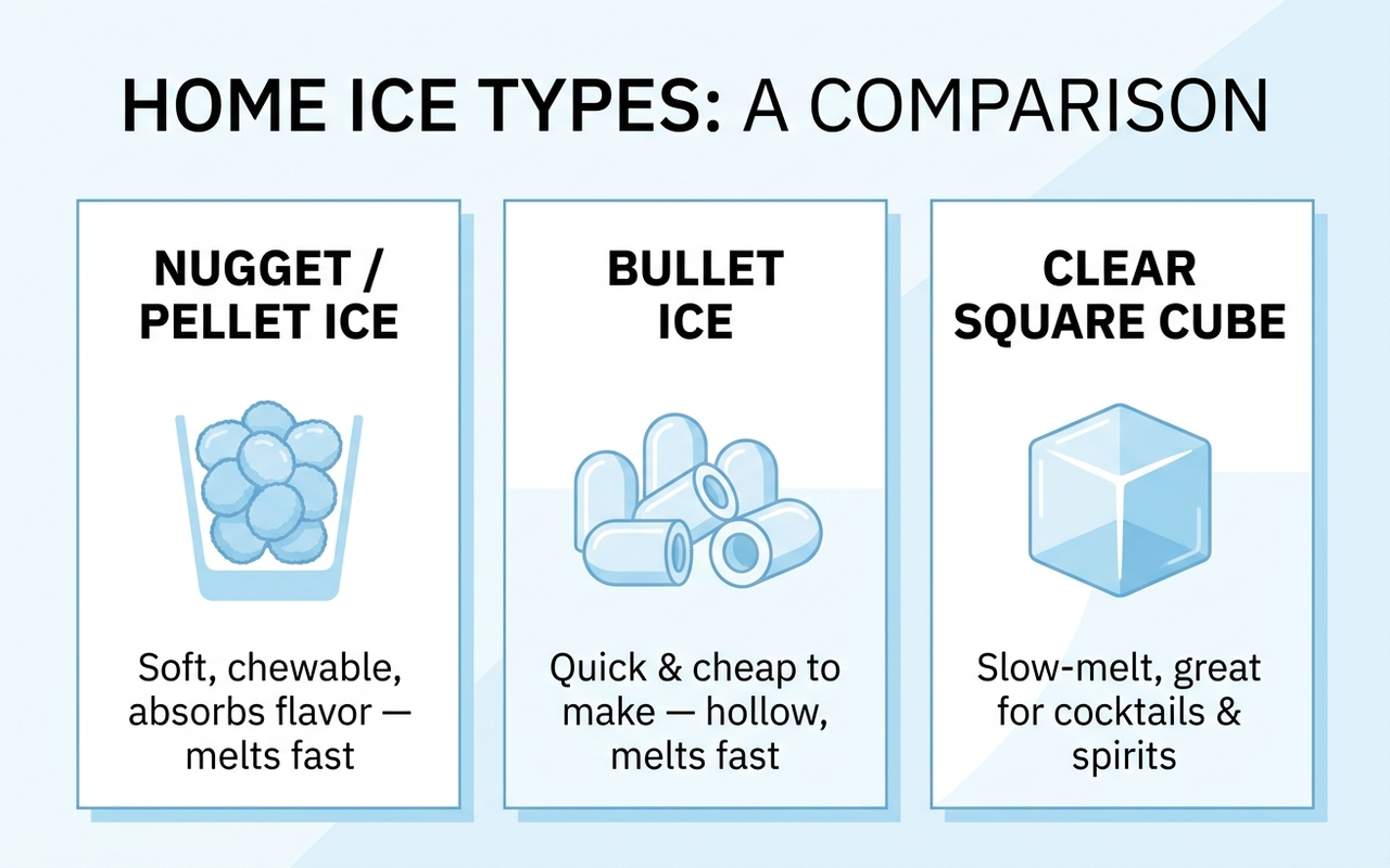 Infographic comparing nugget/pellet ice, bullet ice, and clear square cube ice by texture and melt speed