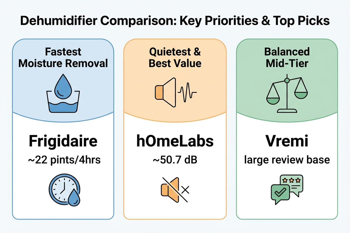 Flat-design infographic comparing three dehumidifier priorities — fastest moisture removal, lowest noise, and lowest price — with icons and pint-per-day figures for each brand