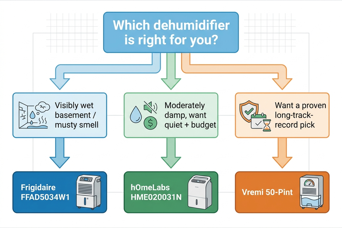 Flat-design decision-tree flowchart guiding buyers to the Frigidaire for a wet basement, the hOmeLabs for a quiet budget pick, or the Vremi for a balanced mid-tier choice