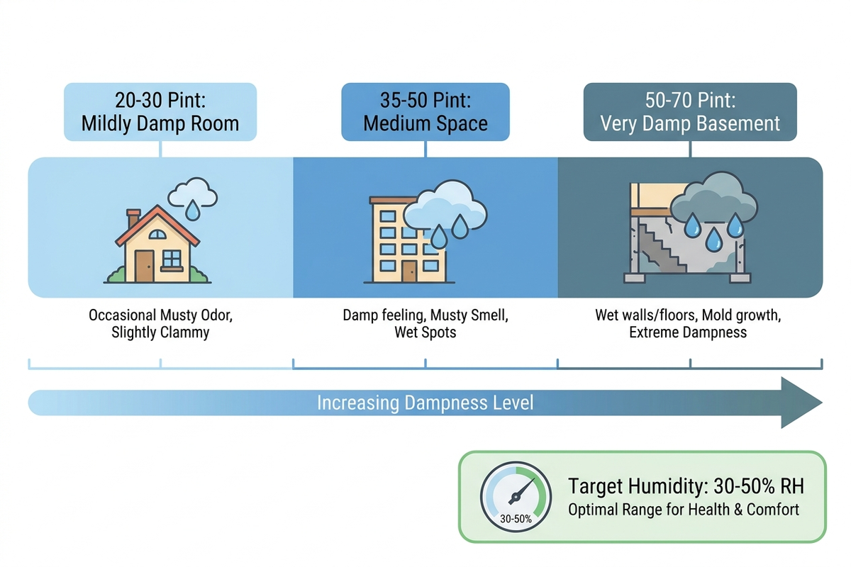 Flat-design infographic showing dehumidifier sizing by room dampness level — 20 to 30 pint for mildly damp rooms, 35 to 50 pint for medium spaces, 50 to 70 pint for very damp basements — alongside a target humidity range of 30 to 50 percent