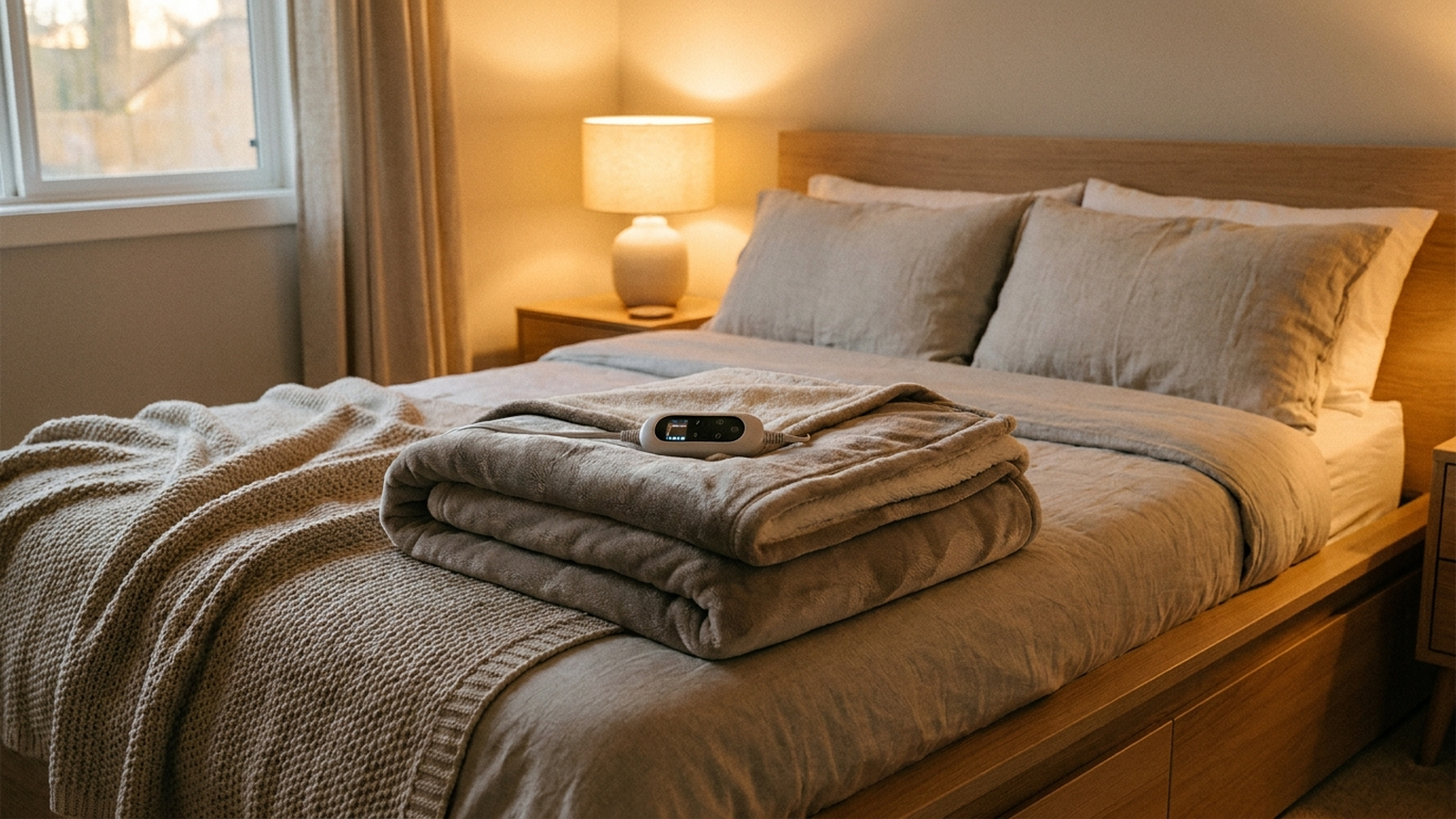 Folded heated blanket with a digital controller resting on a bed in a cool bedroom