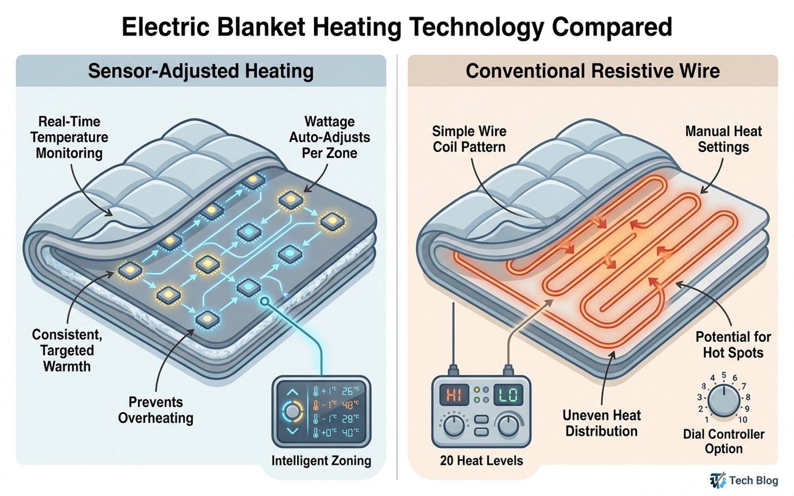 Infographic comparing Sunbeam's sensor-adjusted ThermoFine heating wire against Degrees of Comfort's conventional wire with finer-grained dual controls