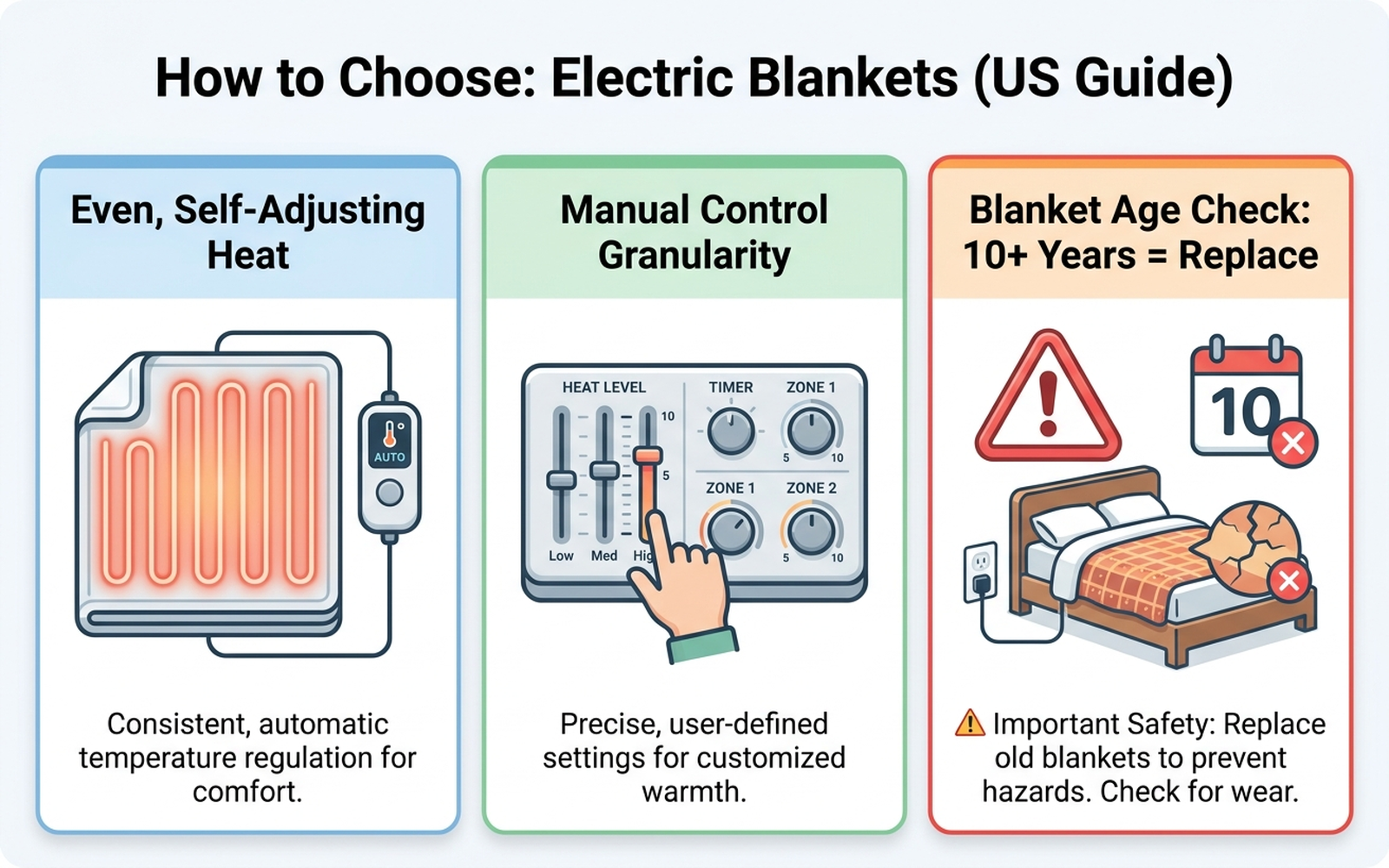Diagram showing how to choose an electric blanket based on budget, control granularity needs, and blanket age/replacement safety guidance