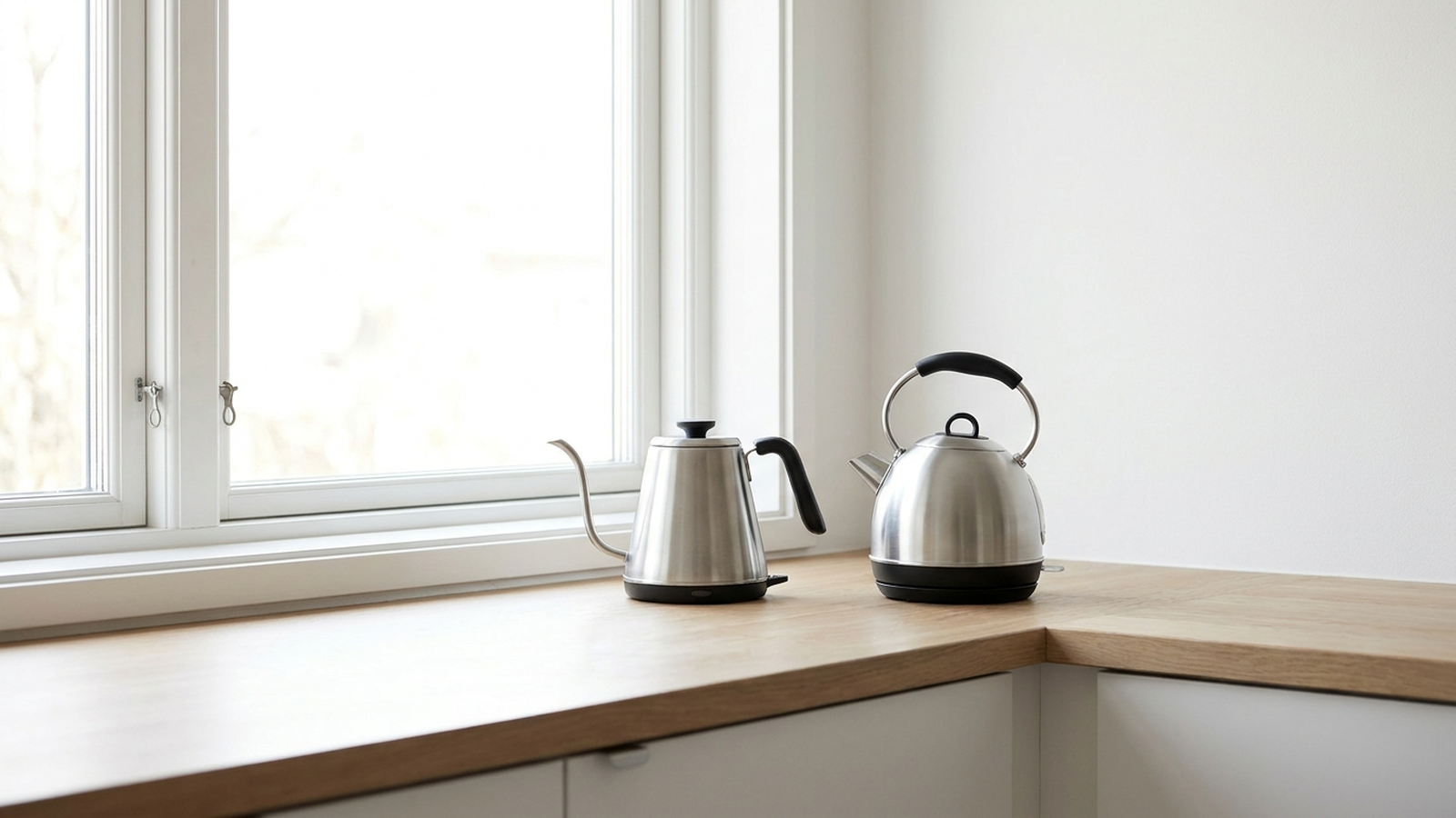 Two modern electric kettles, a gooseneck pour-over kettle and a dome kettle, on a minimalist kitchen counter in morning light