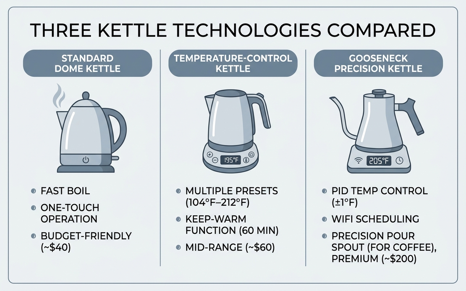 Infographic comparing three electric kettle technologies — standard dome, temperature-control preset, and gooseneck precision — with their price ranges and use cases