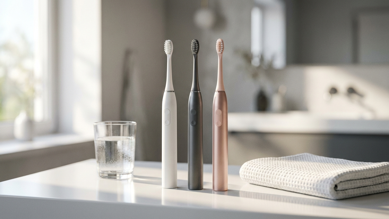 Three premium electric toothbrushes standing on a bright white bathroom countertop next to a glass of water and a folded towel