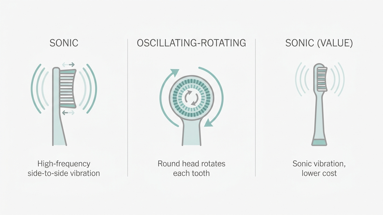 Infographic comparing three electric toothbrush technologies: sonic side-to-side vibration, oscillating-rotating round head, and sonic value subscription