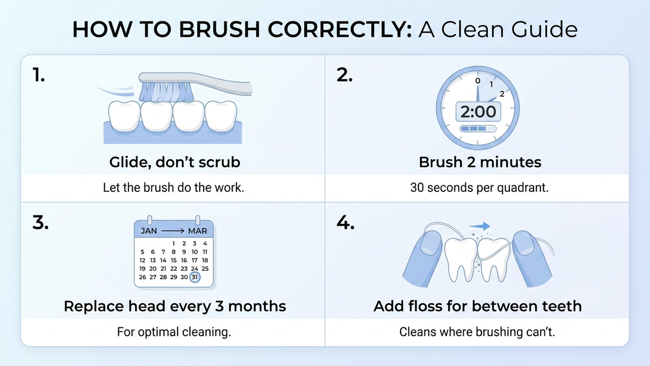How-to infographic: glide don't scrub, brush two minutes, replace head every three months, add floss