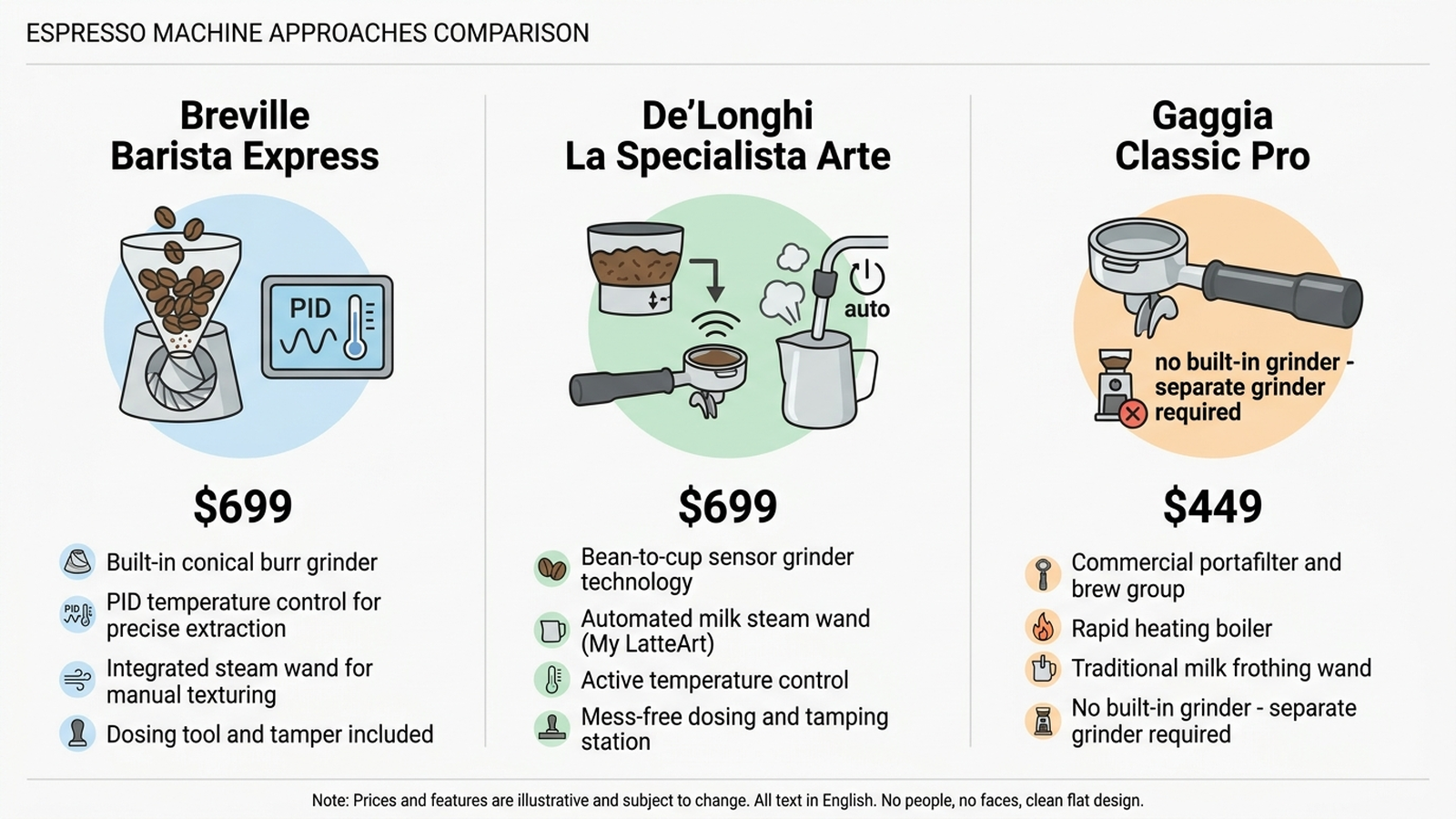 Infographic comparing three espresso machine workflows: Breville Barista Express with an all-in-one built-in conical burr grinder and PID temperature control at 699 dollars, De'Longhi La Specialista Arte with a bean-to-cup sensor grinder and automated MyLatte Art steam wand at 699 dollars, and Gaggia Classic Pro as a commercial-style semi-automatic requiring a separate grinder at 449 dollars.
