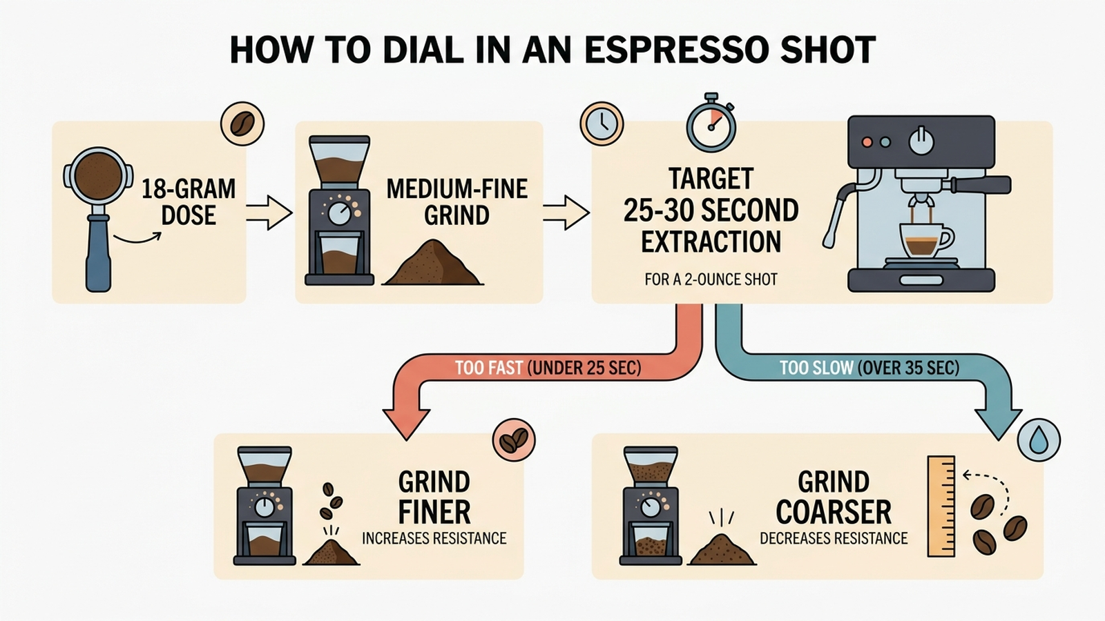 Setup diagram showing how to dial in an espresso shot: start with an 18-gram dose and a medium-fine grind, target a 25 to 30 second extraction time for a 2-ounce shot, and adjust grind finer if the shot runs too fast or coarser if it runs too slow.