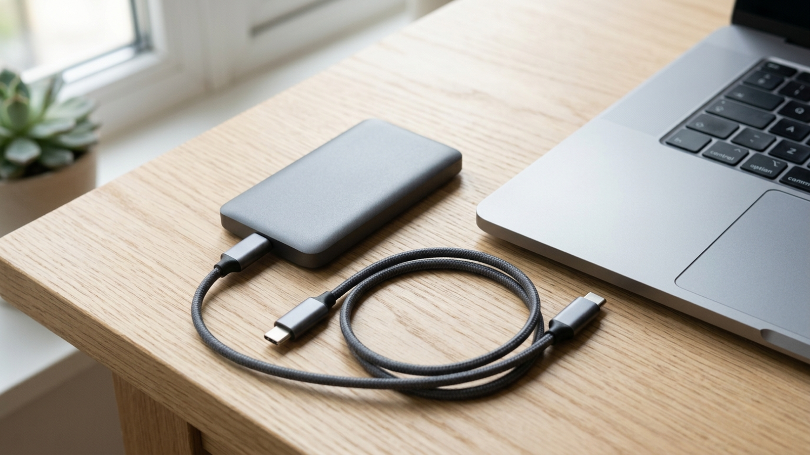 A portable SSD and USB-C cable resting on a desk next to a laptop, shown at an angle with soft natural light