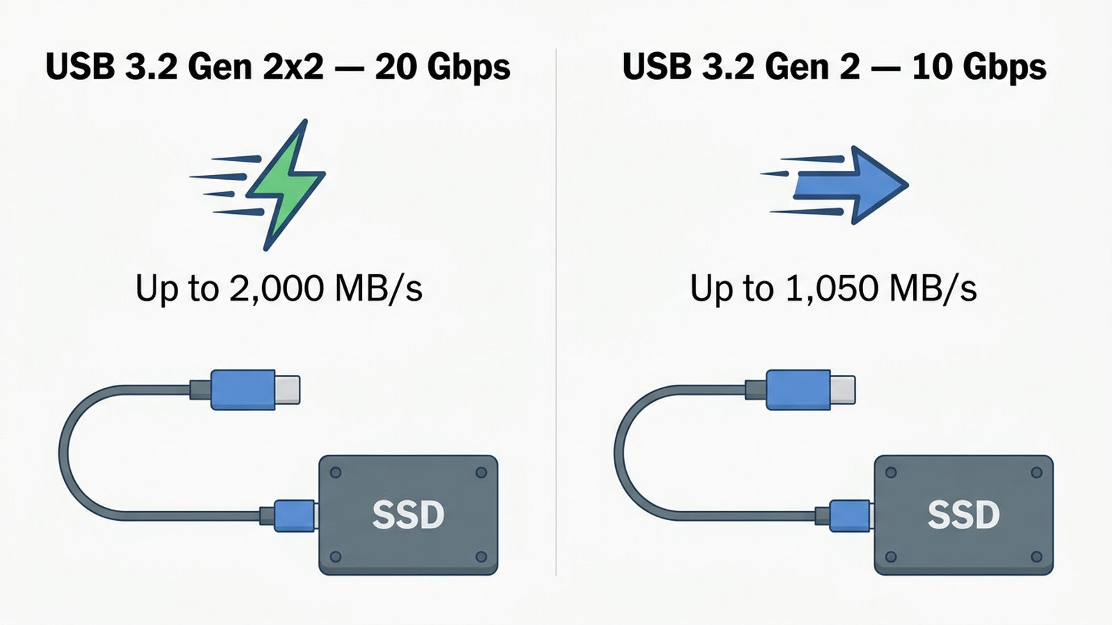 Infographic comparing the USB 3.2 Gen 2x2 20 gigabit per second interface used by the Samsung T9 and Crucial X10 Pro against the USB 3.2 Gen 2 10 gigabit per second interface used by the SanDisk Extreme Portable V2 and Crucial X9