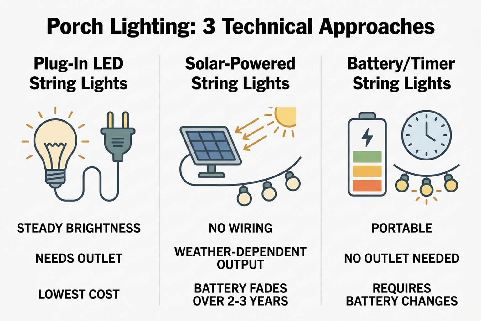 Flat infographic comparing three porch lighting technologies: plug-in LED string lights, solar-powered string lights, and battery or timer-powered string lights, with icons for brightness, installation, and cost