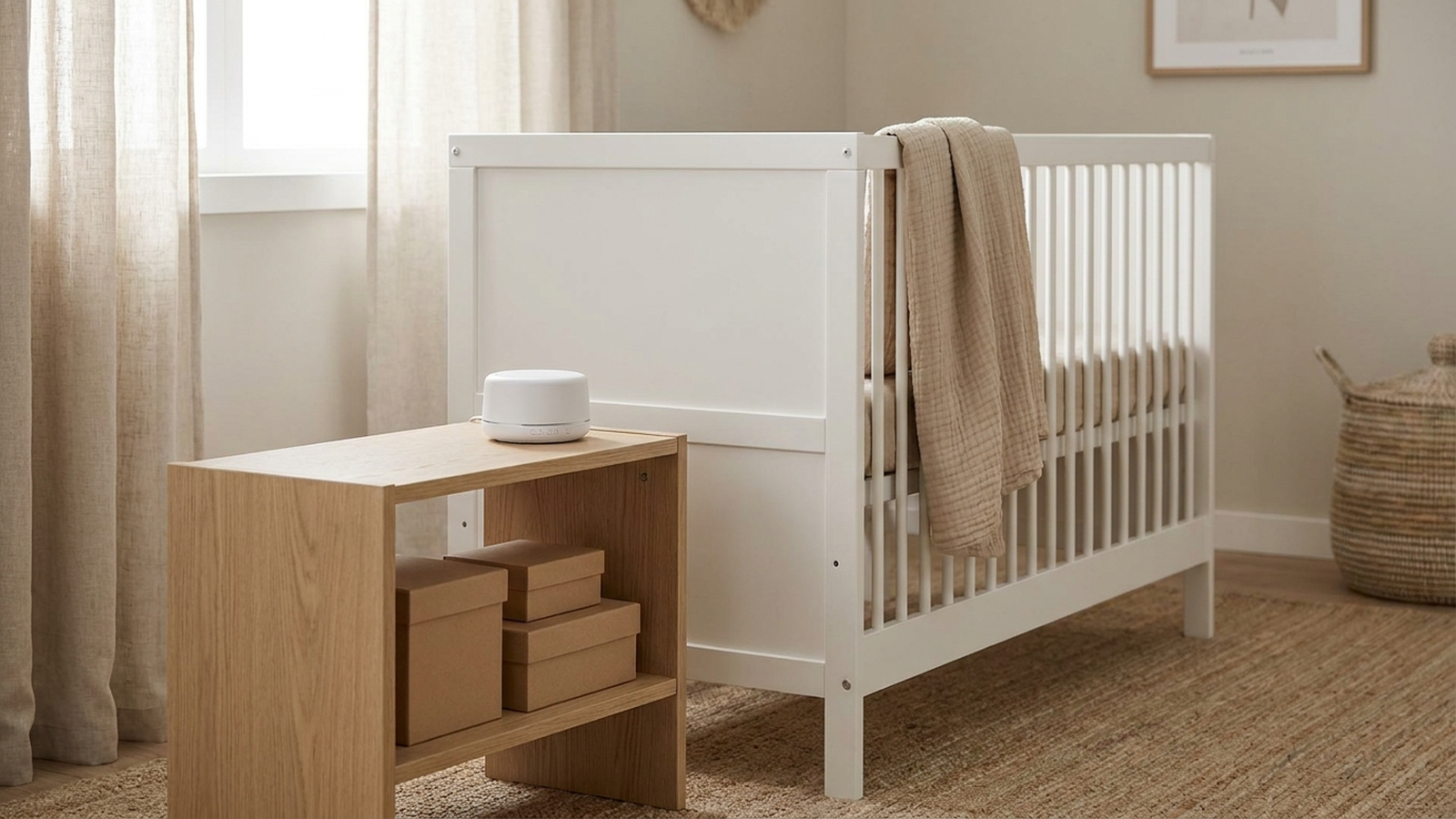 A neutral nursery scene with a crib, a folded muslin blanket, and a small shelf of baby gear boxes, no people or faces visible