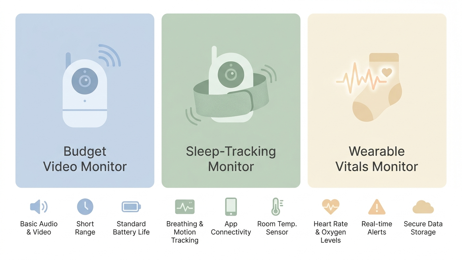 Flat infographic comparing three baby monitor tiers: a budget video-only camera, a mid-tier sleep-tracking camera with a soft breathing band, and a premium wearable sock tracking pulse and oxygen, each labeled with its core feature