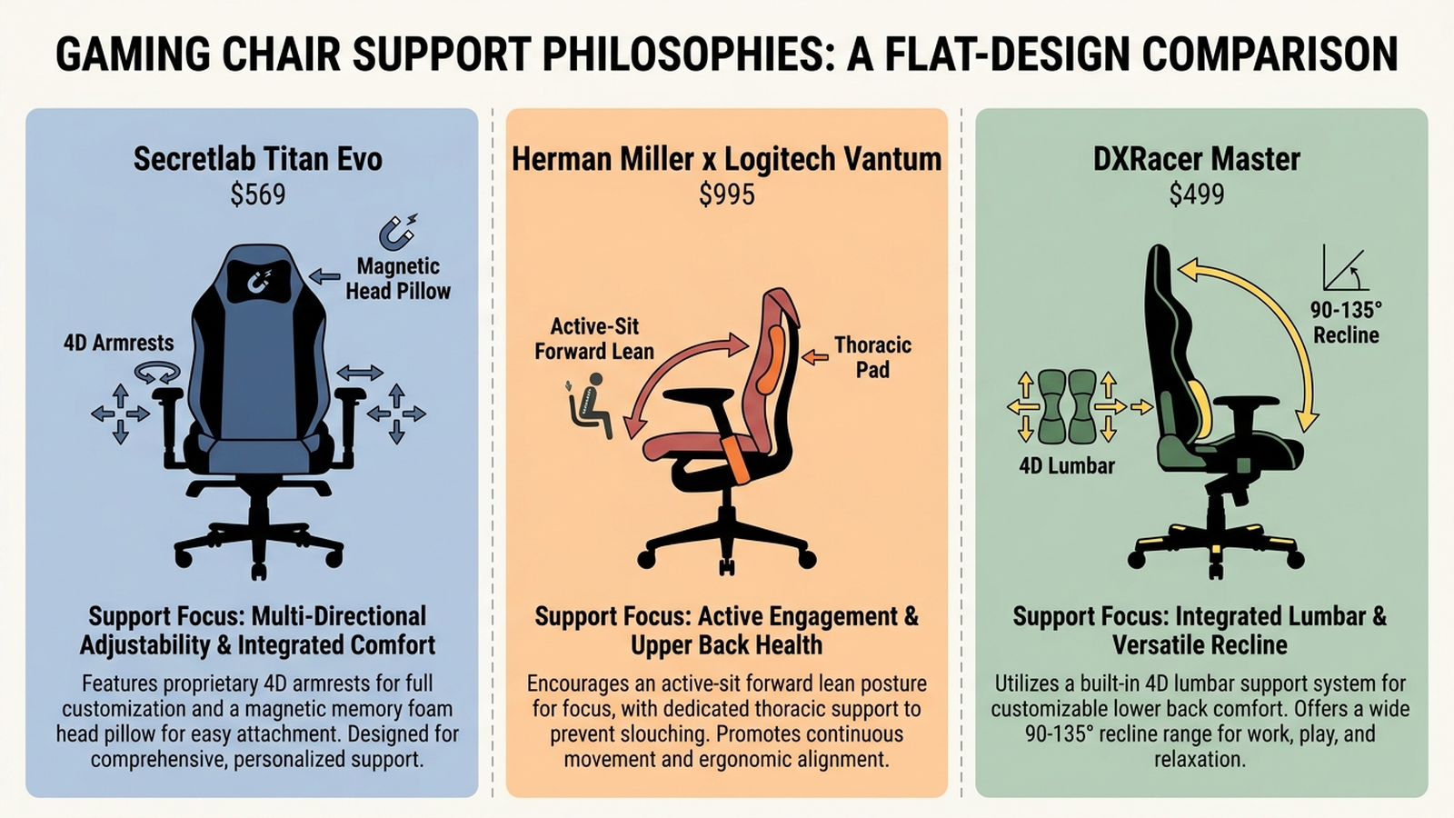 Infographic comparing three gaming chair support designs: Secretlab Titan Evo with 4D armrests and a magnetic head pillow at 569 dollars, Herman Miller x Logitech Vantum with active-sit forward lean and a thoracic support pad at 995 dollars, and DXRacer Master with 4D lumbar support and a 90 to 135 degree recline range at 499 dollars.