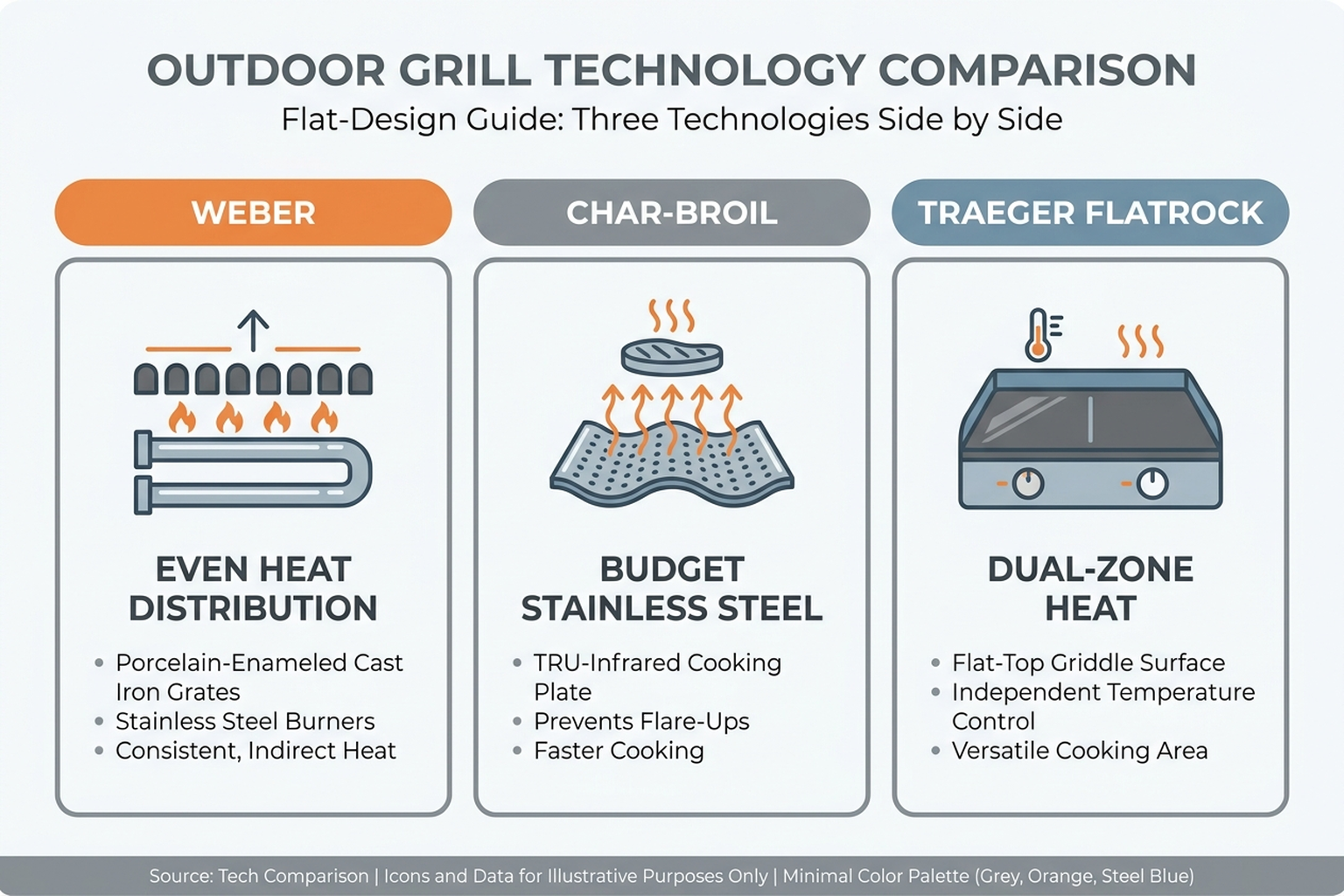 Infographic comparing Weber, Char-Broil, and Traeger Flatrock grill technologies: porcelain-enameled cast-iron grates with even heat distribution, TRU-Infrared cooking plate with budget stainless steel, and a dual-zone flat-top griddle