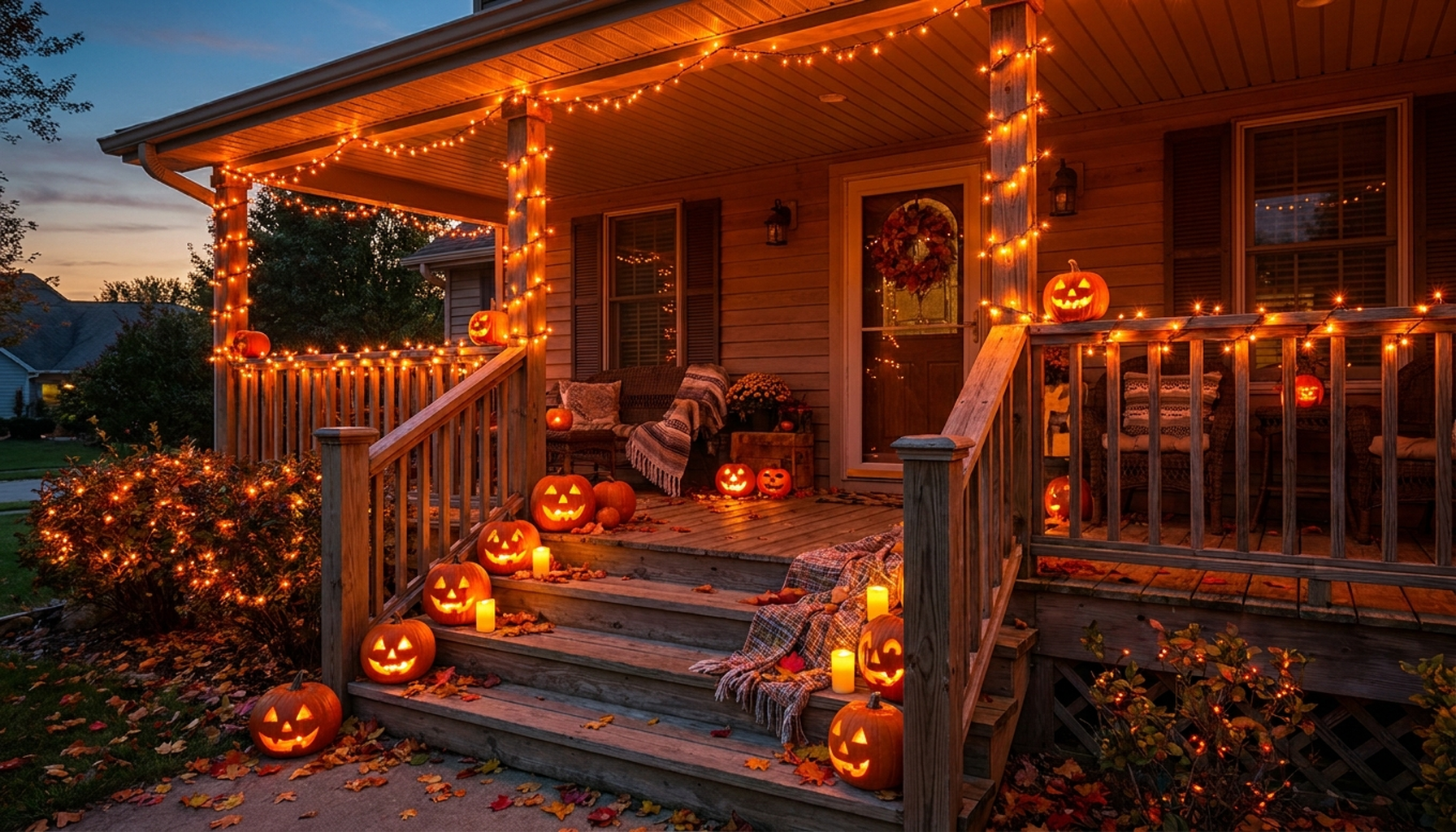 Pumpkin-lined porch steps lit with warm string lights at dusk
