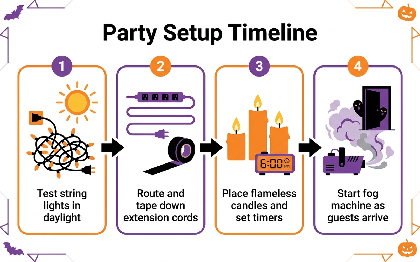 Diagram showing a timed setup checklist for lighting, fog machine, candles, and cords before a Halloween party starts