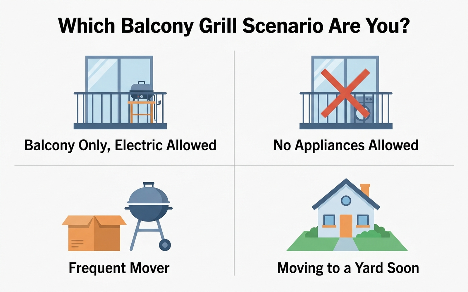 Flat infographic comparing four renter scenarios: a balcony-only apartment, a lease that bans all outdoor cooking devices, a renter who moves frequently, and a renter who expects to graduate to a yard, each paired with the grill type it points to
