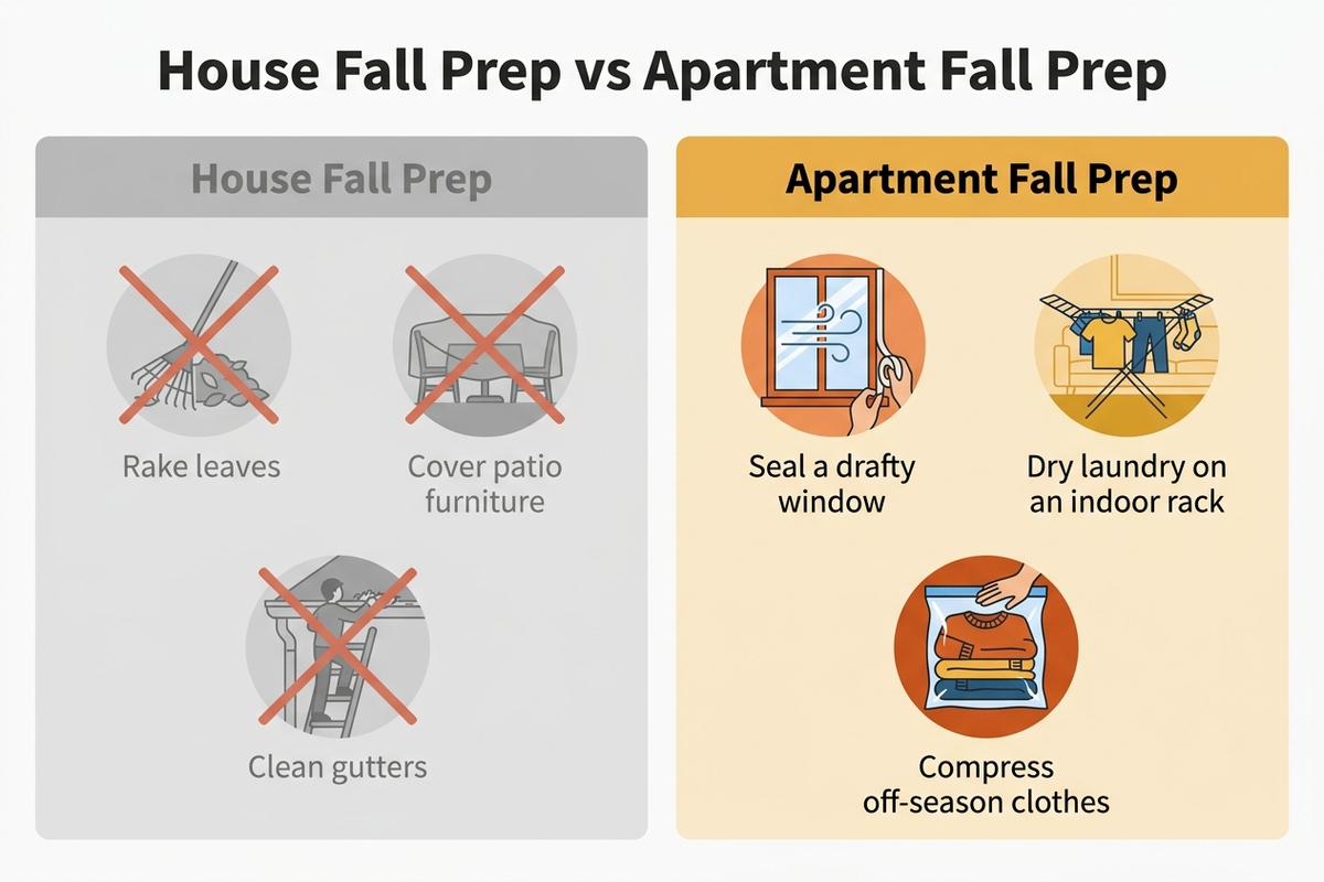 Flat infographic comparing a house's fall-prep tasks (raking leaves, covering patio furniture, cleaning gutters) against an apartment's indoor-only equivalents (sealing a window, drying laundry on a rack, compressing off-season clothes)