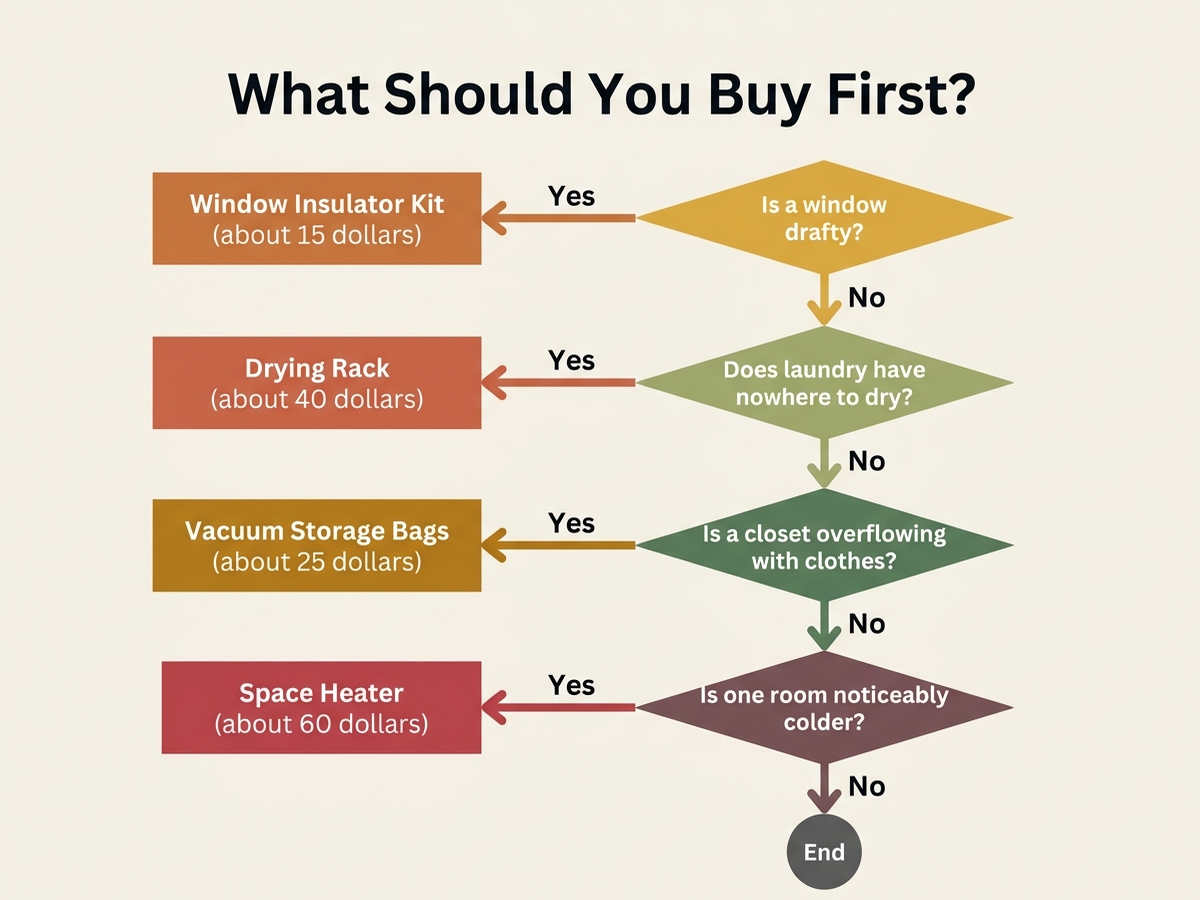 Flowchart showing what fall-prep item an apartment renter should buy first, based on whether a window feels drafty, whether laundry has nowhere to dry, whether a closet is overflowing with two seasons of clothes, and whether one room is noticeably colder than the rest