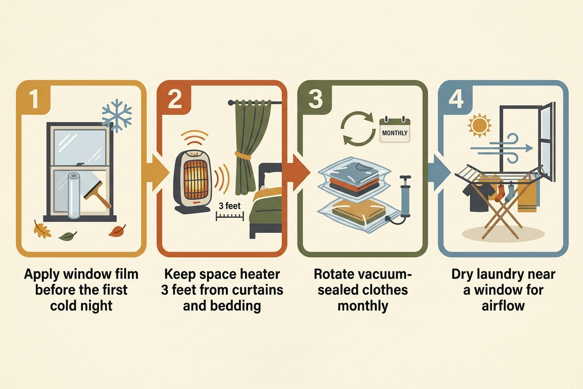 Flat infographic showing a renter's fall routine: applying window film before the first cold night, checking a space heater's clearance from curtains and bedding, rotating vacuum-sealed off-season clothes monthly, and airing laundry on a folded rack near a window