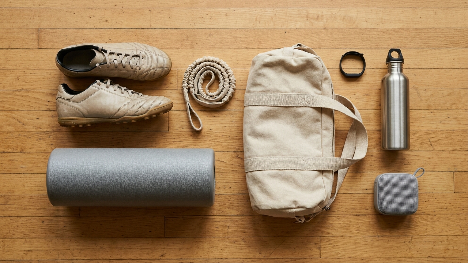Overhead flatlay of budget college club-sports gear on a wood gym floor