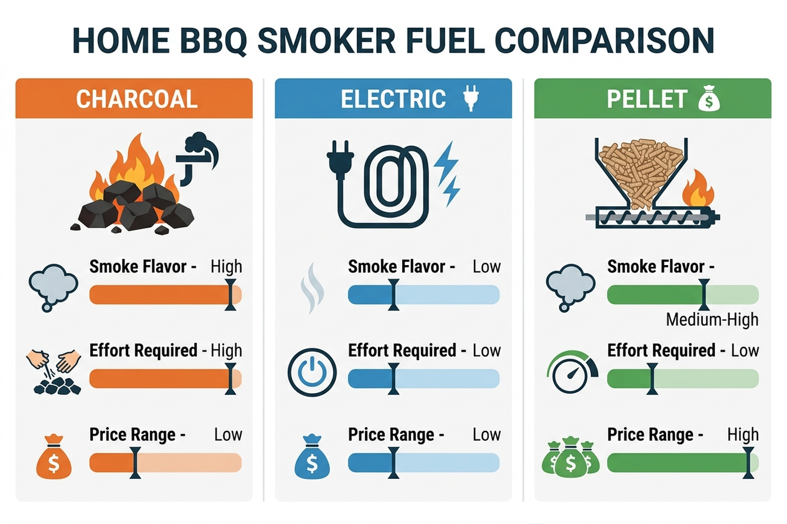 Flat infographic comparing three smoker fuel types — charcoal, electric, and pellet — each labeled with its relative smoke flavor, hands-on effort required, and typical price range