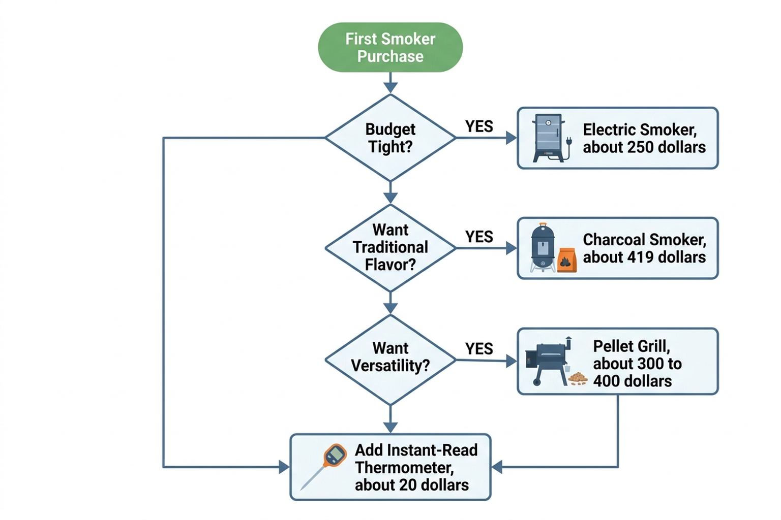 Flowchart showing which smoker and accessories to buy first based on budget, whether the buyer wants traditional charcoal flavor or low-effort convenience, and whether long unattended cooks are expected