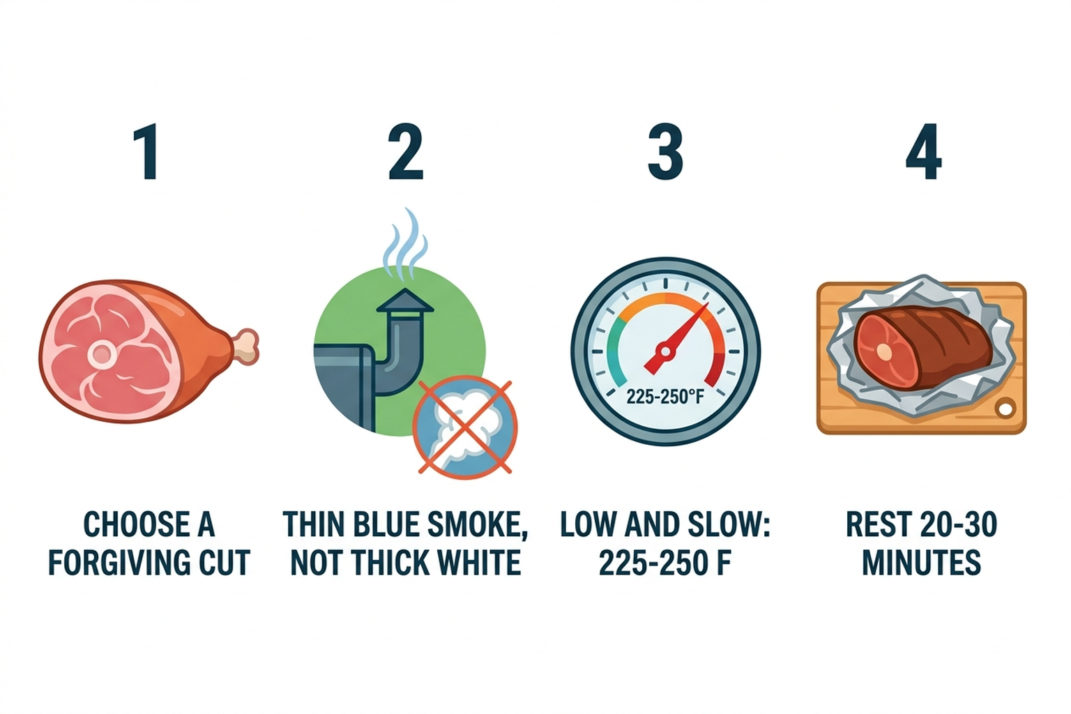 Flat infographic showing a beginner's first-smoke routine: choosing a forgiving starter cut like pork shoulder or pork belly, aiming for thin blue smoke rather than thick white smoke, cooking low and slow in the 225 to 250 degree Fahrenheit range, and resting the meat 20 to 30 minutes before cutting