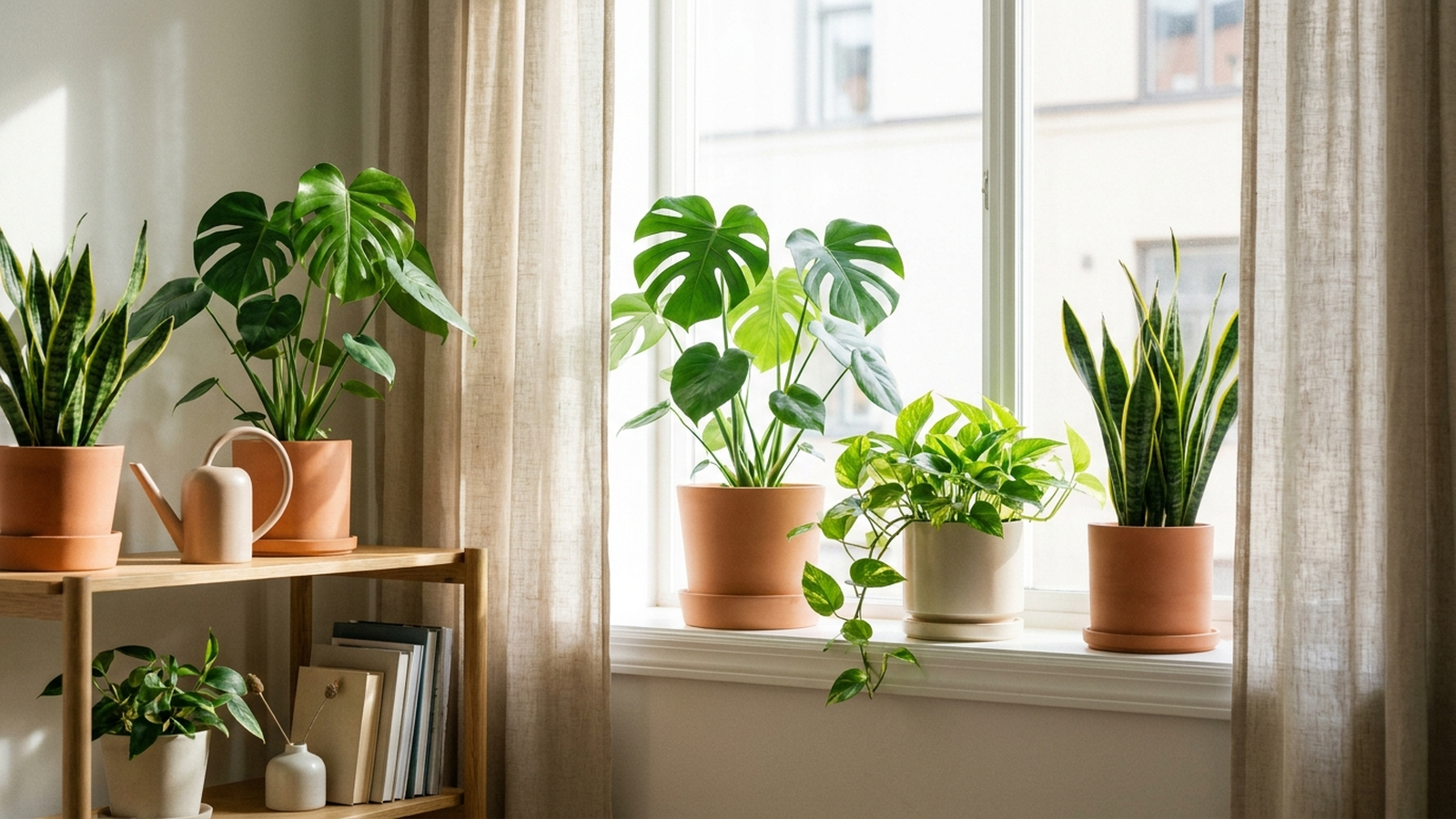 Sunny windowsill with healthy potted houseplants