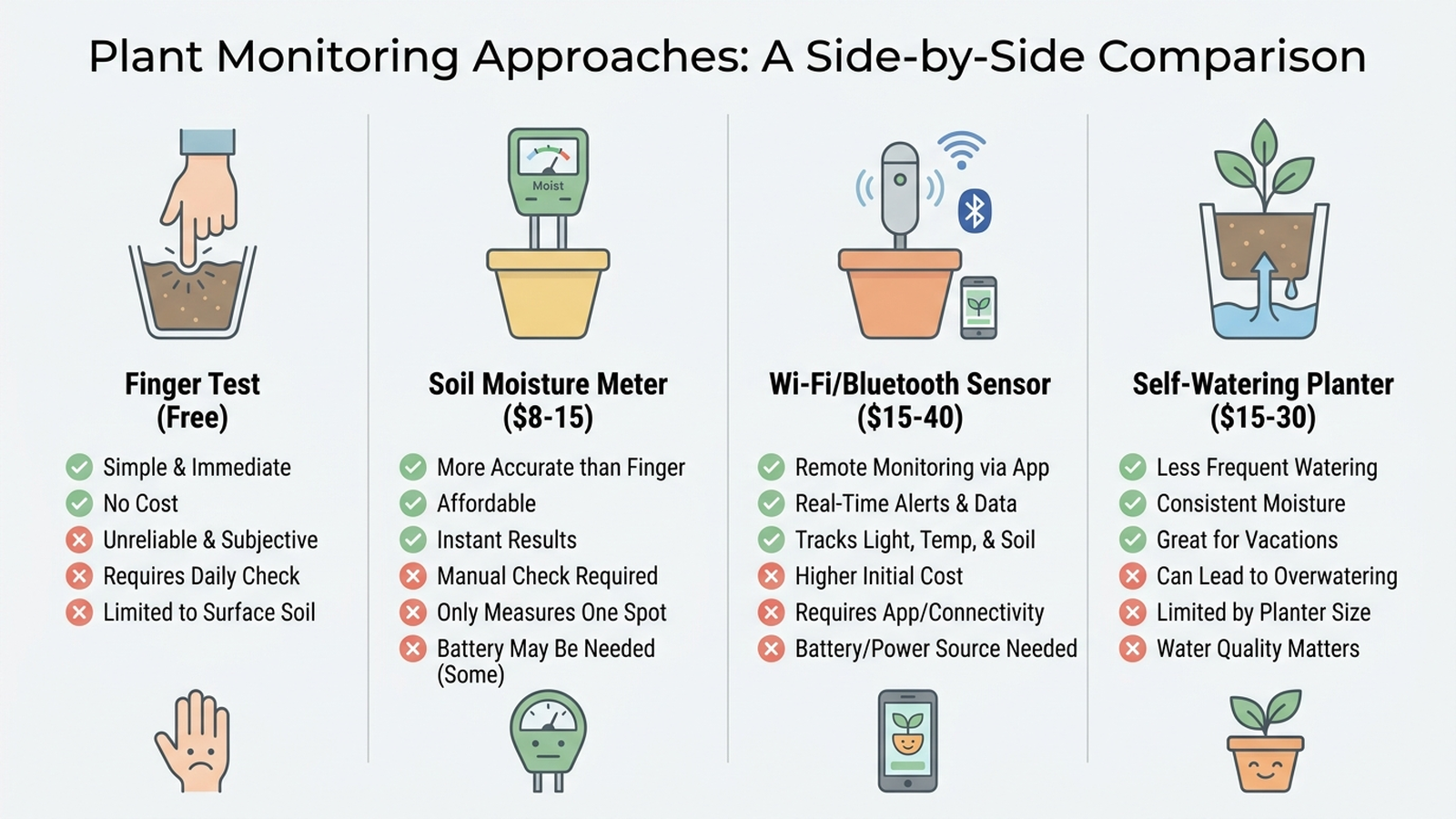 Infographic comparing finger test, soil moisture meter, Wi-Fi sensor, and self-watering planter