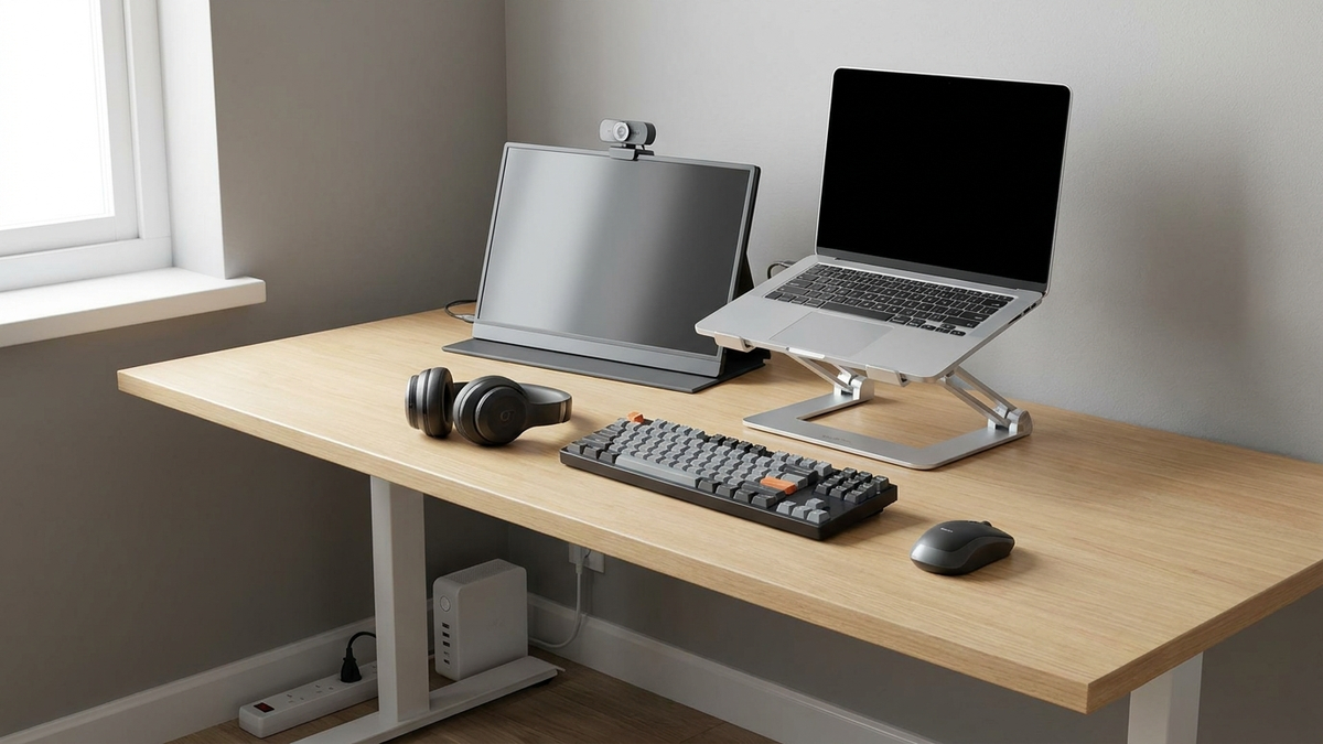 A neutral home-office desk with a portable monitor, laptop on a stand, webcam, over-ear headphones, and a small battery backup unit, no people visible