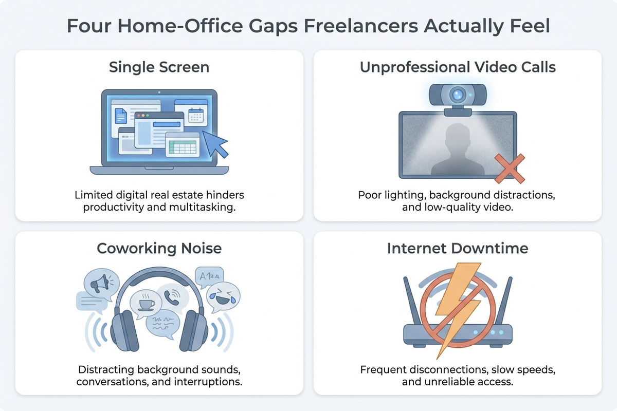 Flat infographic showing four home-office gaps for freelancers: a single cramped screen, an unprofessional dim webcam image, coworking-space noise around headphones, and an internet outage icon