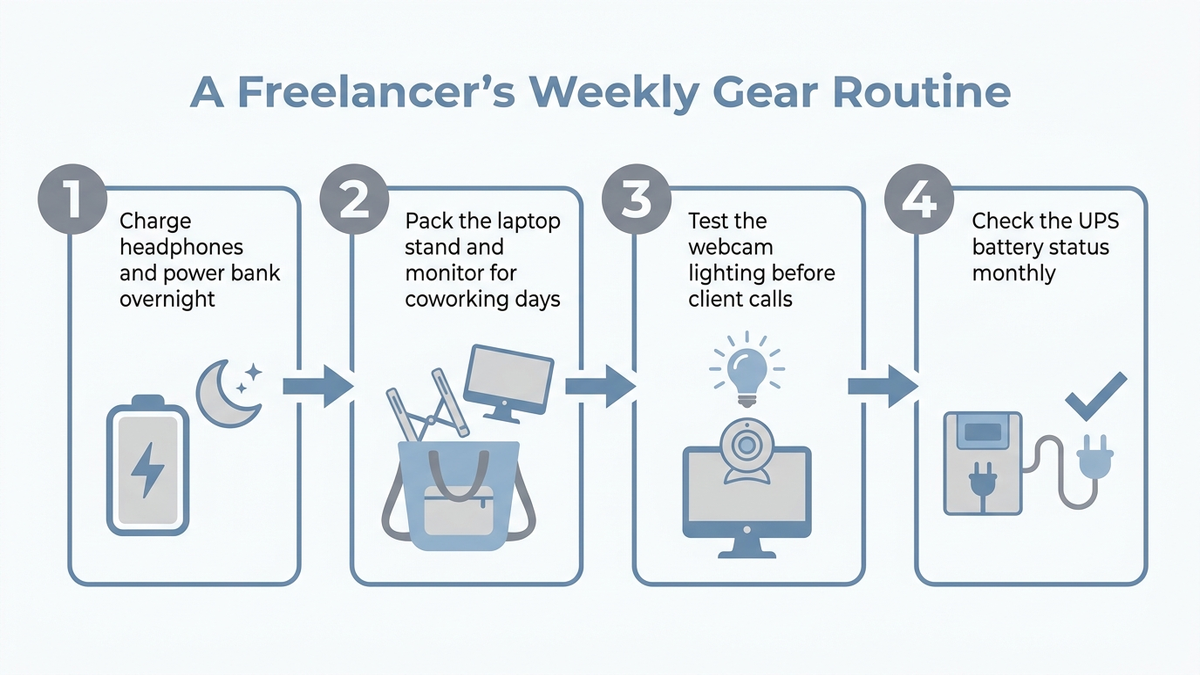 Flat infographic showing a freelancer's weekly gear routine: charging headphones and power bank overnight, packing the laptop stand and monitor for coworking days, testing webcam lighting before client calls, and checking UPS battery status monthly