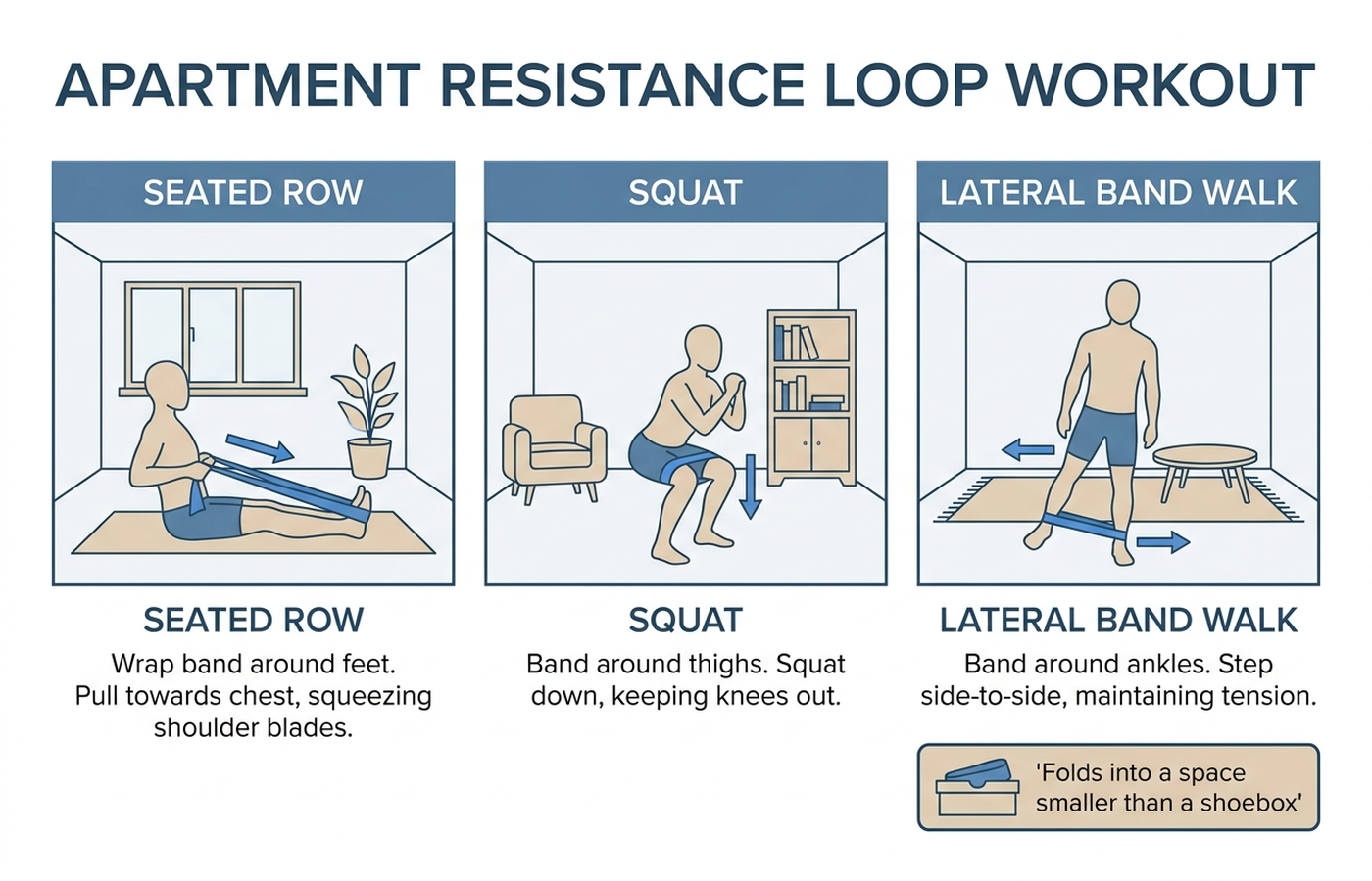 Diagram showing a resistance loop band being used for a seated row, a squat, and a lateral walk, with a note indicating the entire set folds into a space smaller than a shoebox