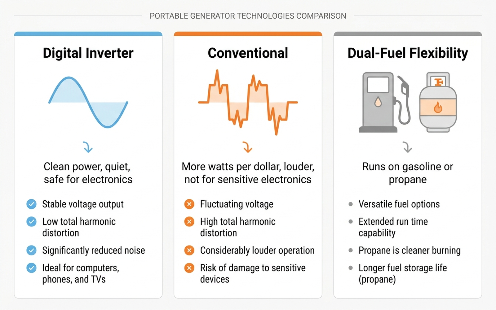 Infographic comparing digital-inverter and conventional generator technology, plus dual-fuel flexibility