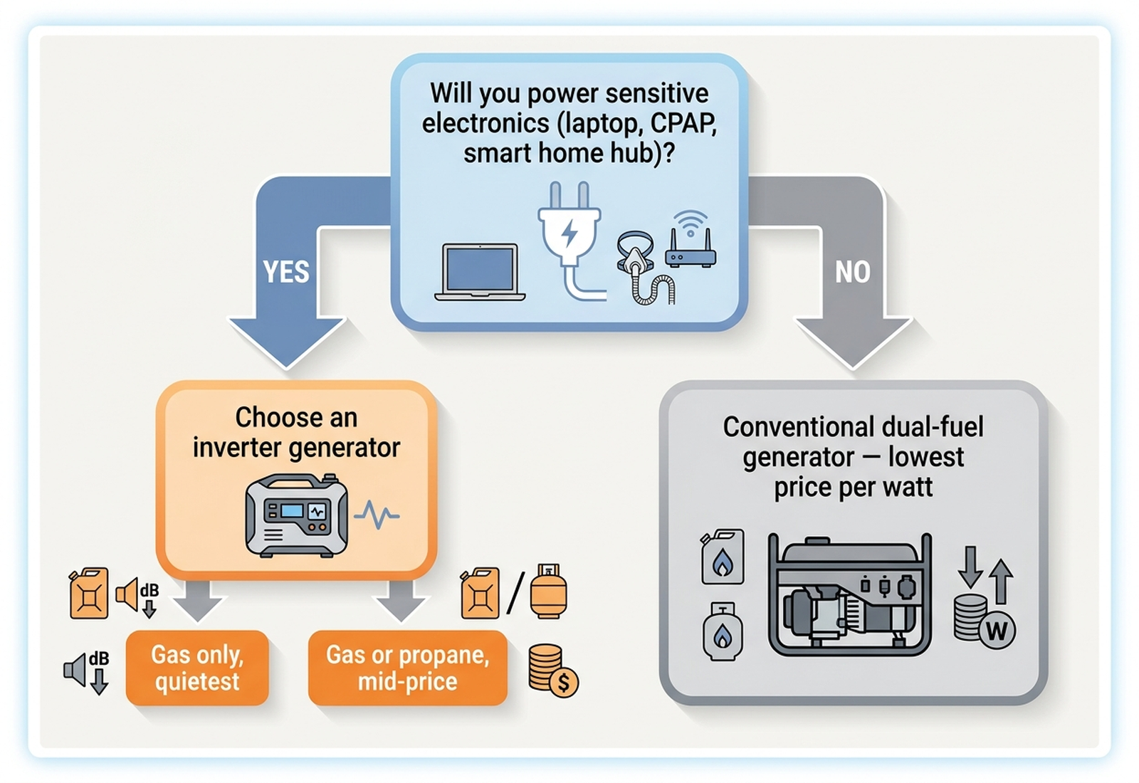 Decision flowchart for choosing a generator based on power-quality needs and budget