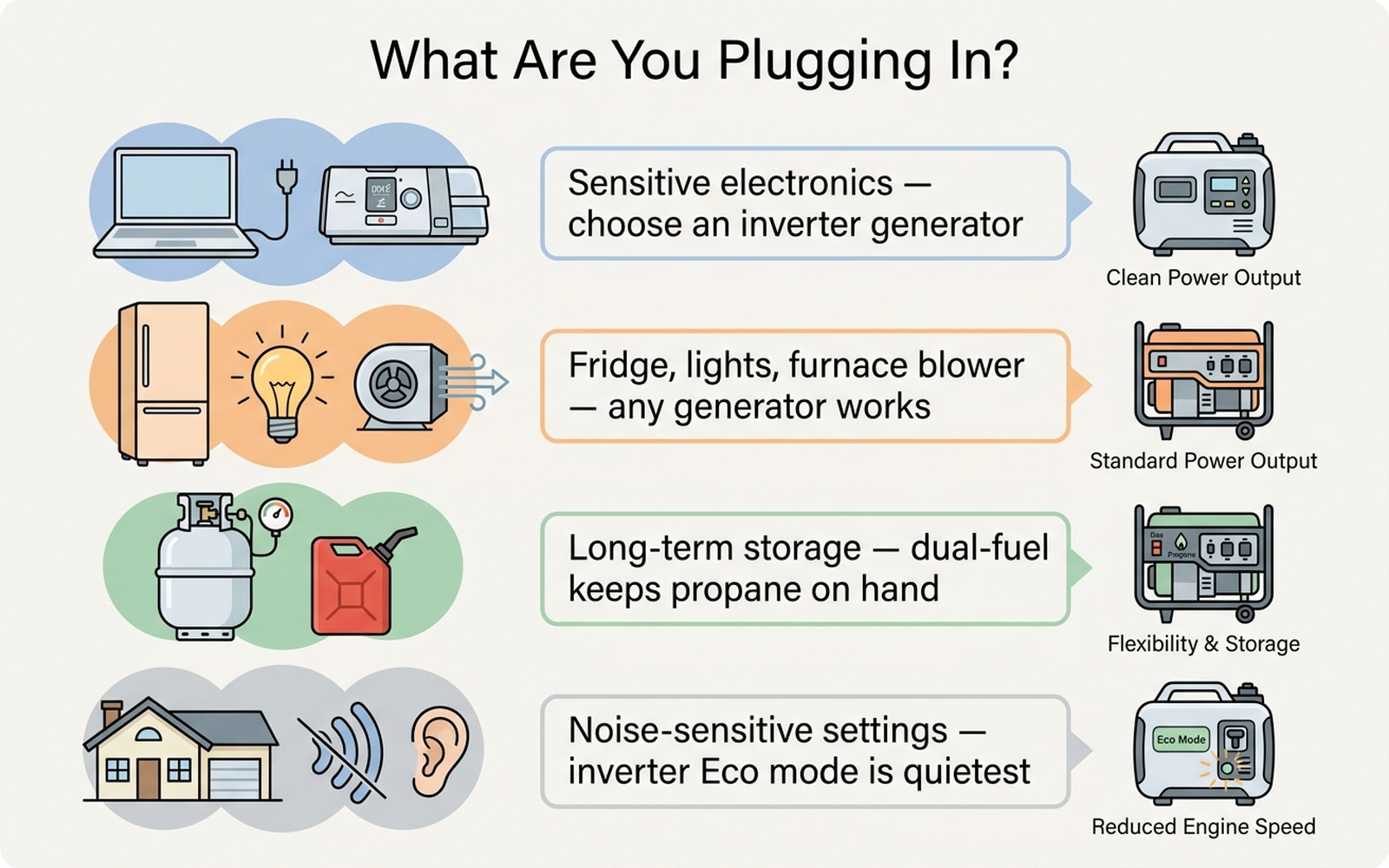 Diagram matching generator wattage and power-quality needs to common home-backup use cases
